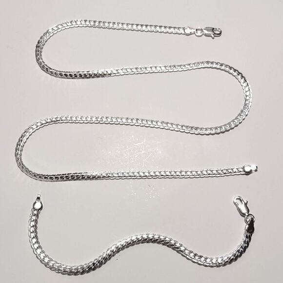 S925 Necklace & Bracelet Sterling Silver Flat Cuban Snake Set Christmas Birthday